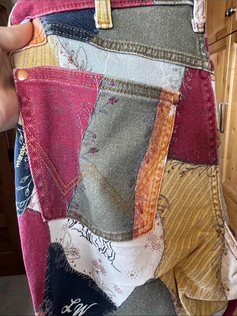 Wrangler Lainey Wilson Patchwork Jeans — Burgundy, Mustard, Olive, Cream - Picture 5 of 8